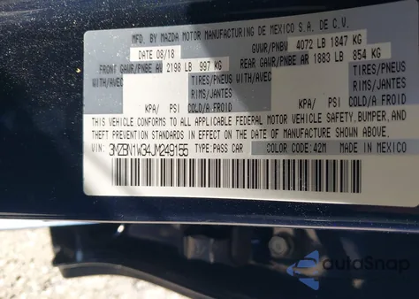 2018 Mazda Mazda3 Grand Touring from USA, damaged, VIN 3MZBN1W34JM249155